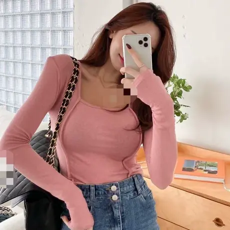 现货2021早秋新款性感方领显胸带垫肩纯色修身长袖T恤打底衫上衣图片