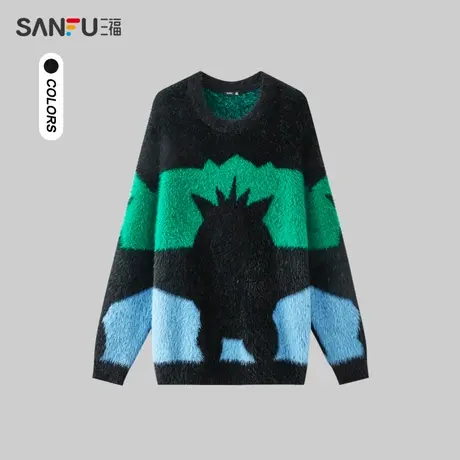 三福2023冬男士满版撞色大廓形毛衣 潮流宽松圆领上衣男478050商品大图