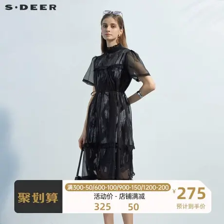 S·DEER圣迪奥女装木耳边蕾丝晕染短袖连衣裙S23261210商品大图