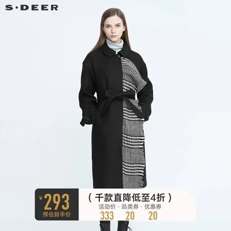 sdeer圣迪奥翻冬季时尚格纹流苏拼接收腰廓形毛呢大衣女S20481821🚖商品大图