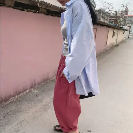 新款长袖纯棉衬衫女中长款韩版宽松大码大口袋防晒衣时尚百搭衬衣商品大图