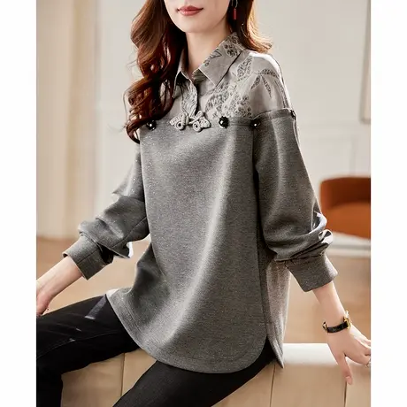 宝诗黎翻领盘扣提花拼接亮丝卫衣2025春季设计感宽松百搭休闲上衣商品大图
