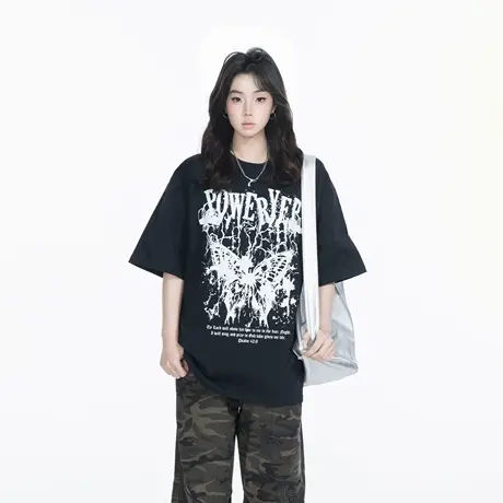 YEP2025春夏新款蝴蝶字母印花宽松短袖T恤潮牌街头风男女同款上衣图片