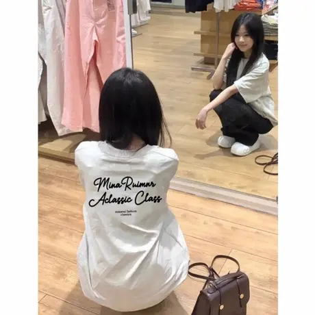 美式高街重磅纯棉短袖t恤女小众宽松设计感情侣装潮牌夏季上衣服商品大图