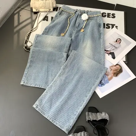 韩版时尚菱格提花休闲高腰牛仔裤女2024夏季新款宽松阔腿直筒长裤商品大图