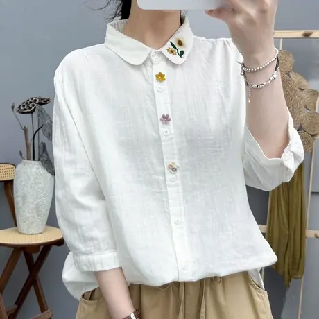 夏季文艺小清新双层棉纱刺绣花朵中袖白衬衫女宽松七分袖上衣柔软商品大图