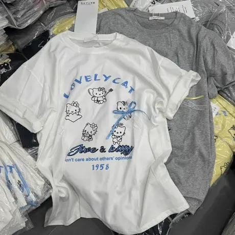 韩国东大门25夏季新款休闲蝴蝶结减龄可爱猫咪印花圆领短袖T恤女商品大图