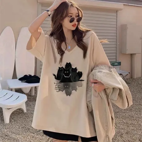 欧货大码T恤女V领高级感oversize宽松纯棉短袖ins潮夏季遮肚上衣图片