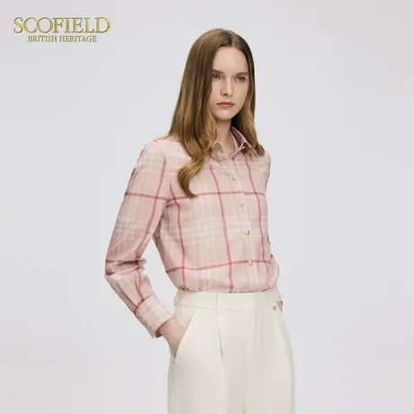 Scofield女装简约休闲粉色格纹印花衬衫可拆卸飘带2025夏季新品商品大图