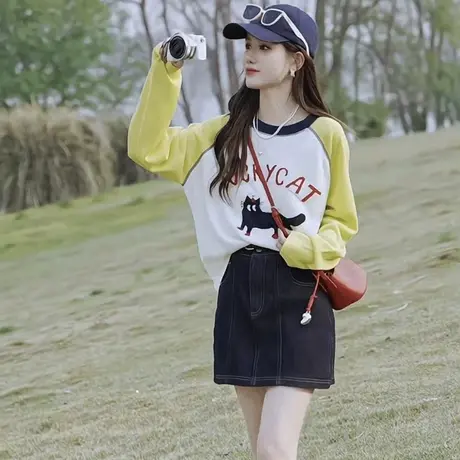 撞色卡通猫咪印花长袖T恤女夏季新款休闲显瘦防晒圆领打底衫上衣商品大图