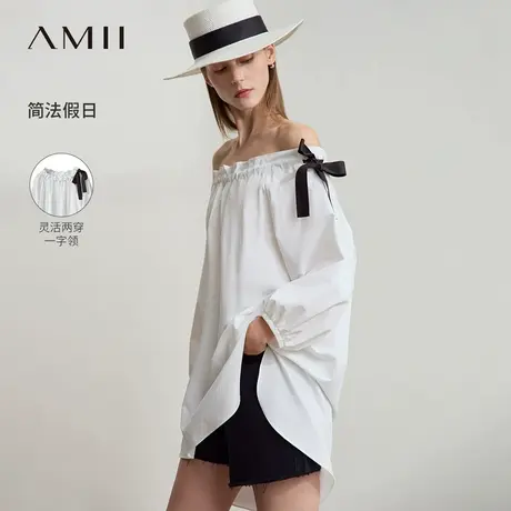 Amii2025夏新款极简梭织TR细斜纹宽松中长七分袖一字领绑带衬衫商品大图