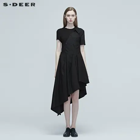 sdeer圣迪奥女装夏季不规则拼接衬衫收腰连衣裙小黑裙S20281281商品大图