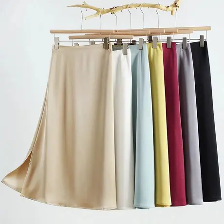 拉夏贝尔高级感醋酸a字半身裙女夏薄款2025新款缎面中长款包臀裙图片