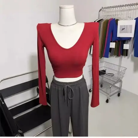 爆版主推！26色 垫肩深V长袖T恤紧身短款打底衫上衣露脐装早秋新图片