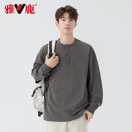 雅鹿休闲卫衣纯棉重磅长袖T恤白色春秋新款圆领套头内搭打底衫男图片