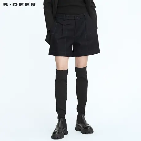 sdeer圣迪奥春季女装复古时尚格纹A字黑色宽松毛呢短裤S20480908图片