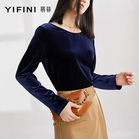 Yifini/易菲韩国绒丝绒上衣大圆领长袖T恤正反两面穿早春新款商品大图