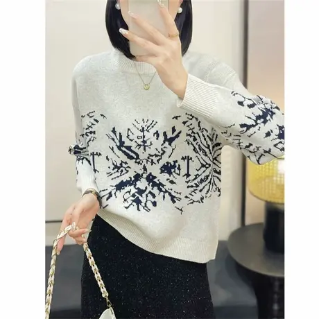 洋气复古提花加厚毛衣打底衫女秋冬内搭圆领套头慵懒宽松针织上衣商品大图