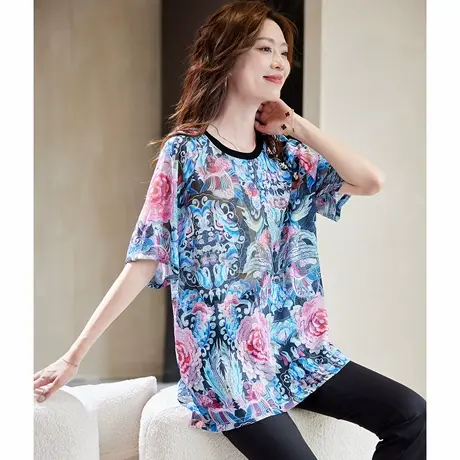 宝诗黎圆领提花镂空短袖T恤女2025夏季洋气宽松新中式气质上衣图片