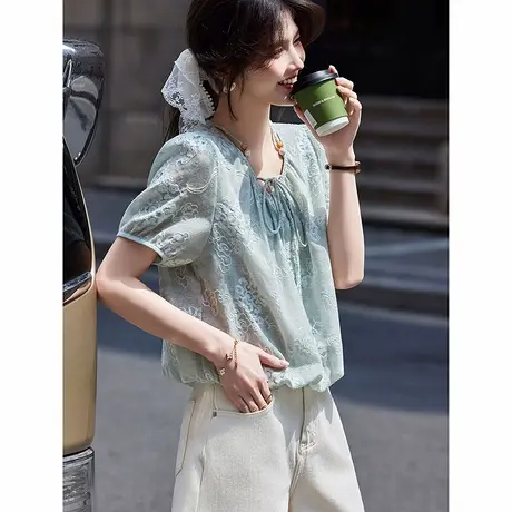时尚短袖衬衫2025年夏季新款女圆领刺绣短款百搭温柔纯色淑女上衣图片