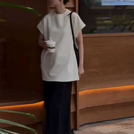 简约短袖T恤女2025夏季新款韩版圆领百搭大版休闲中长款宽松上衣图片