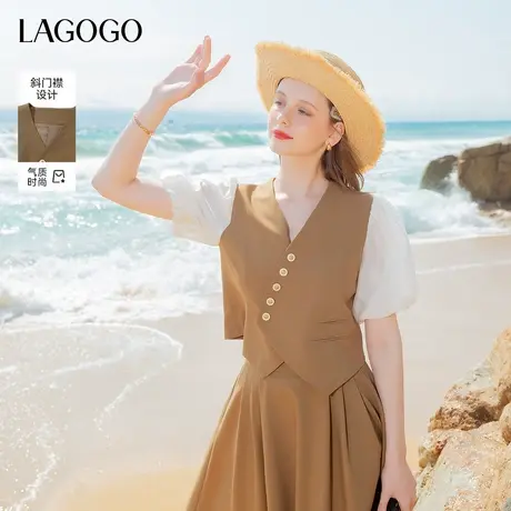 LAGOGO英伦复古风衬衫半身裙女拉谷谷夏季新款法式修身显瘦套装商品大图