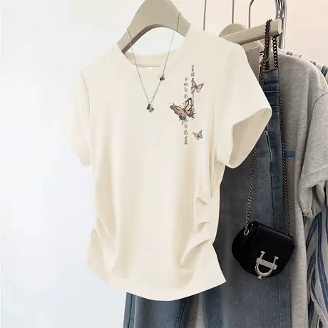 KMV真维斯杏色抽褶短袖t恤女2025夏季修身正肩小个子显瘦短款上衣图片