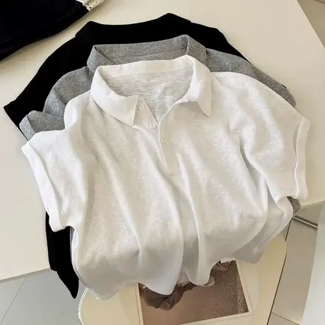 雪花棉纽扣Polo领短袖T恤女夏季修身韩版百搭chic甜辣半袖上衣服商品大图