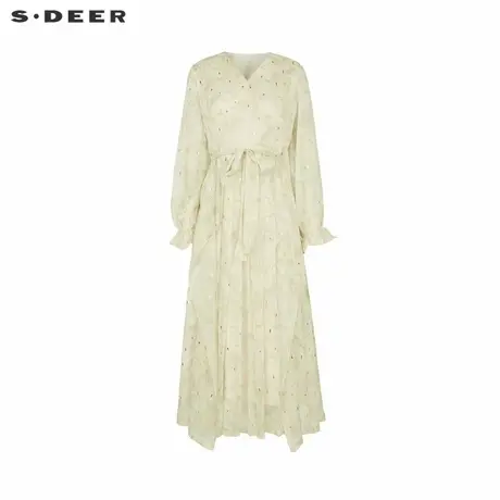 sdeer圣迪奥女装复古V领收腰印花不规则连衣裙S243Z1216商品大图