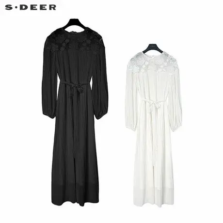 sdeer圣迪奥女装复古圆领绣花收腰肌理连衣裙S243Z1287商品大图