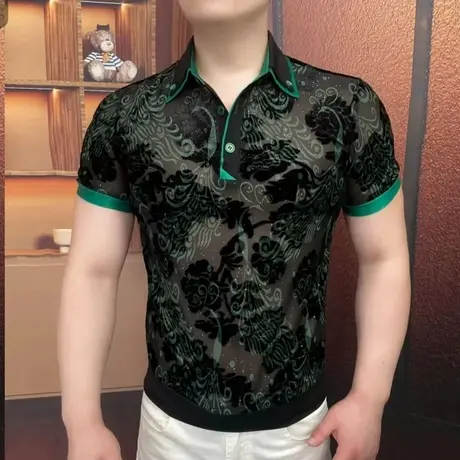 欧货翻领冰丝凉感短袖T恤男高端轻奢潮牌撞色POLO衫青年时尚休闲图片