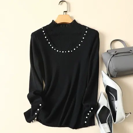 清仓！秋冬新款蕾丝拼接半高领女士内搭针织修身洋气打底衫毛衣女商品大图