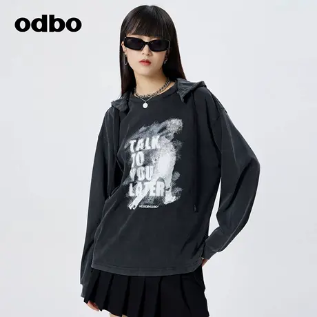 odbo 废土可拆卸连帽卫衣女情侣装春季新款美式复古上衣潮商品大图