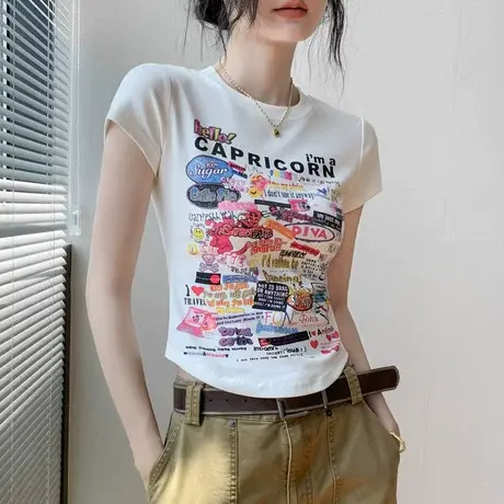歌倍尚美式涂鸦印花圆领短袖T恤女2025夏季新款修身正肩辣妹上衣商品大图