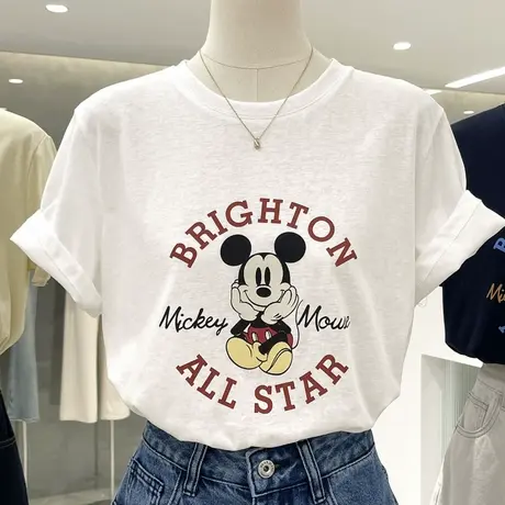 俏皮可爱米奇印花圆领短袖上衣透气凉爽雪花棉T恤衫夏日ootd穿搭商品大图