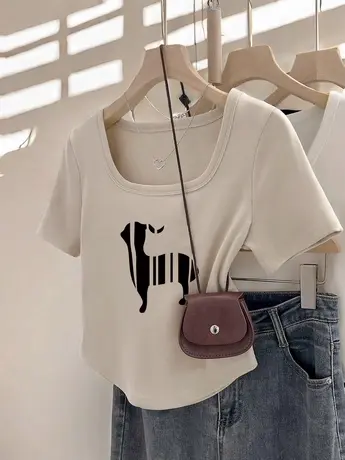 美式chic辣妹正肩短袖t恤女大码杏色方领小个子修身显瘦ins上衣夏商品大图