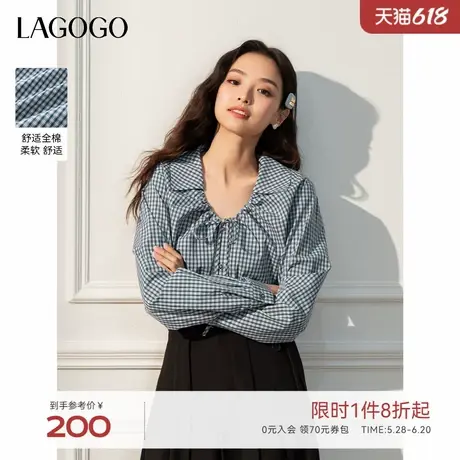 LAGOGO格纹系带全棉衬衫女士拉谷谷2025年春季新款英伦风宽松上衣商品大图