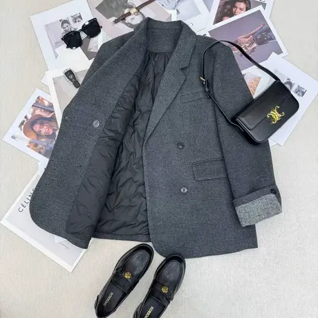 欧货高级感灰色翻领加棉西装外套女2025秋冬新款宽松简约加厚上衣商品大图