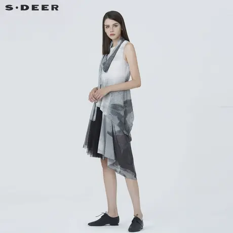 sdeer圣迪奥夏季国风水墨印花网纱设计感无袖连衣裙女S20281292商品大图