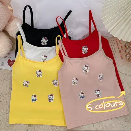 甜美粉色吊带背心女韩版夏季新款卡通贴布修身短款修身辣妹上衣女图片