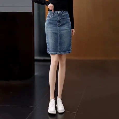 蓝色时尚牛仔A字裙女夏季新款减龄中长款半身裙弹力显瘦一步裙子a商品大图