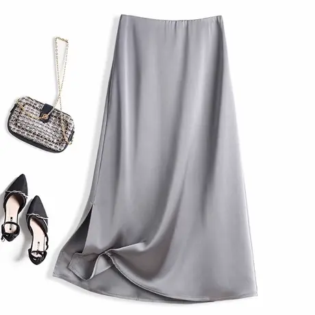 拉夏贝尔灰色醋酸开叉a字半身裙女夏薄款2025气质缎面包臀长裙图片