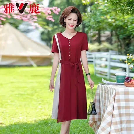 雅鹿妈妈夏装短袖气质连衣裙2024新款时尚高端中老年收腰长裙子女商品大图