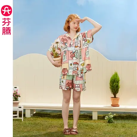 芬腾布朗熊睡衣女夏季薄款冰丝凉感短袖套装甜美风可爱少女家居服图片