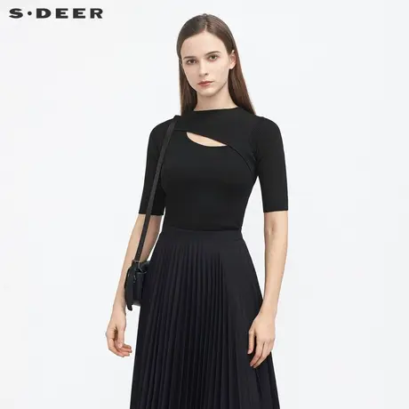 sdeer圣迪奥春休闲圆领镂空拼接打底修身针织衫S21163519图片