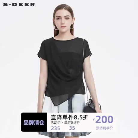 sdeer圣迪奥女装时尚圆领抽褶雪纺宽松无袖衬衫S222Z0603图片