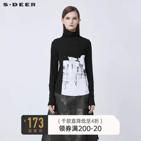 sdeer圣迪奥冬季个性高领印花黑色针织打底T恤S21480203图片