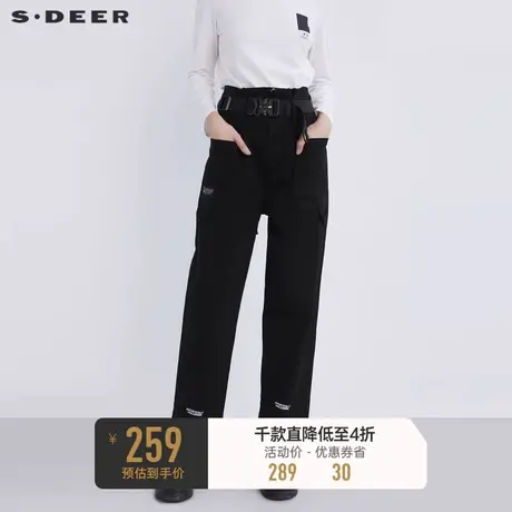 sdeer圣迪奥冬装抽褶高腰字母印花直筒黑色长裤S21480823图片
