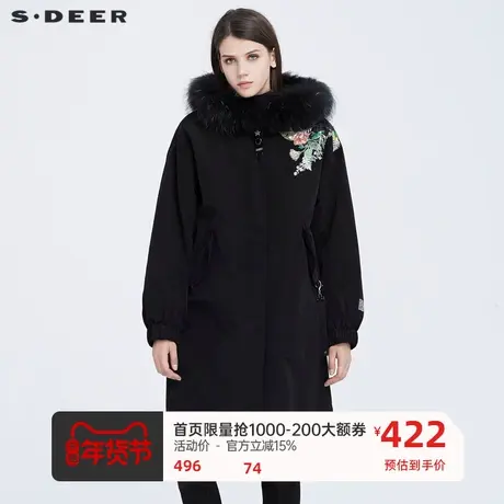sdeer圣迪奥新款高领连帽字母印花飘带松紧长款风衣S19481844图片