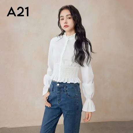 A21女装立领长袖衬衫法式别致显瘦收腰显瘦上衣潮商品大图
